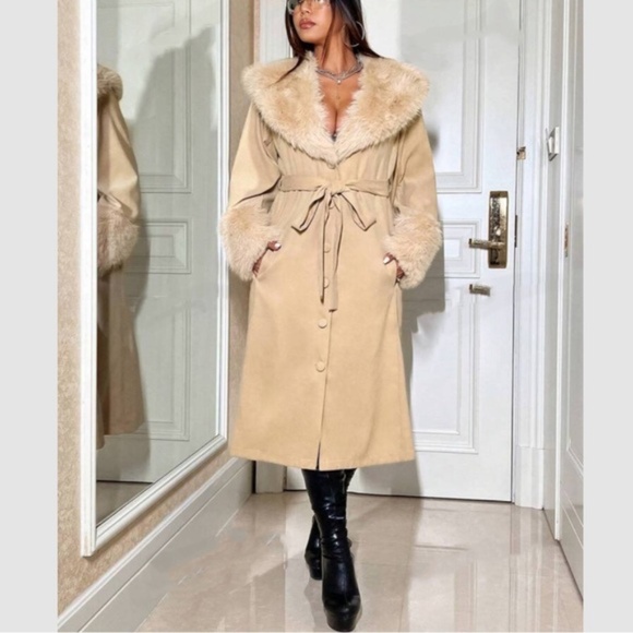 Classic Vegan Fur Pockets Button Down Belted Jacket Coat - Picture 5 of 6